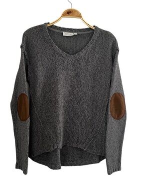 RD Style Sz S Charcoal Heathered Gray V-Neck Sweater with Brown Elbow Patches
